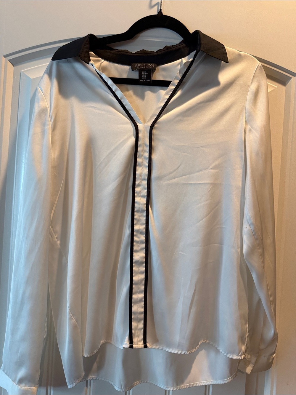 Rachel Zoe Ivory Satin Blouse with Black Collar and Piping